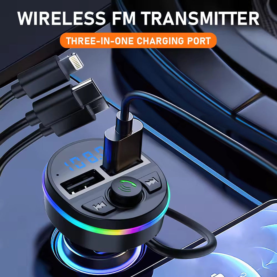 Wireless Car FM Transmitter BT V5.0 with Colorful LED Lights - Convenient MP3 Player with charge cable